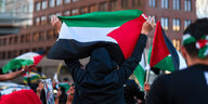 Teilnehmer einer Demonstration schwenken die Palästina-Flagge