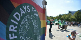 Logo von Fridays for Future auf Regenbogen-Flagge.