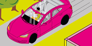 Illustration autonom fahrendes Auto, das Steuer ist ohne Mensch