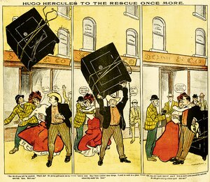 Eine Comiczeichnung zeigt einen Mann mit Cowboyhut, der einen Tresor in die Luft wirft.