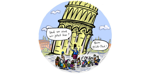 Illustration: Eine Schulklasse steht vor dem Turm von Pisa. Die Lehrerin fragt: Wo sind wir hier? Ein Schüler antwortet: beim Pisa-Test