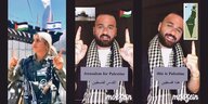 Drei TikTok-Videos mit Menschen, die auf israelische und palästinensische Flaggen zeigen.