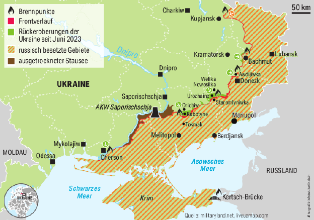 Eine Karte, die den Frontverlauif in der Ostukraine zeigt