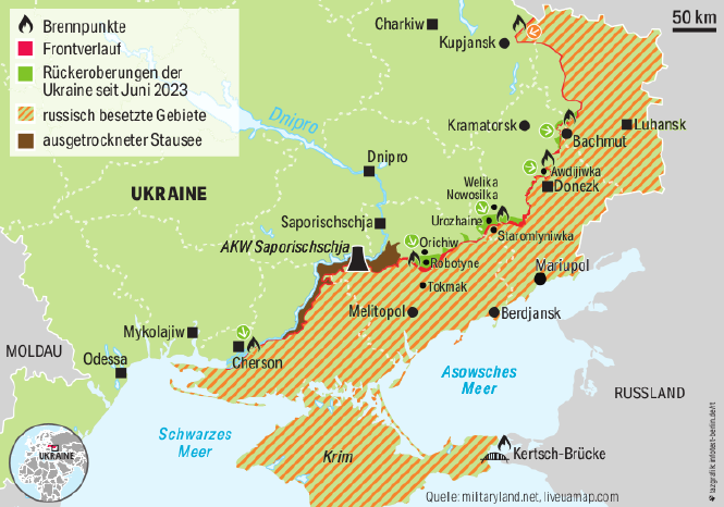 Eine Karte, die den Frontverlauif in der Ostukraine zeigt