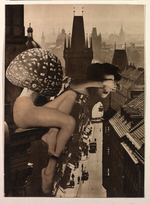 ein Pilz auf zwei Damenbeinen sitzt über den Dächern einer Stadt