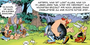 Zwei Römer liegen mit blaugeschlagenen Augen auf dem Waldboden. Obelix, ein Wildschwein unter den Arm geklemmt, läuft mit Asterix aus dem Bild und beschwert sich über den neuen Geist