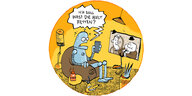 Cartoon: Ein Roboter sitzt in einem Fernsehsessel und fragt entsetzt: „Was? Ich soll die Welt retten?" Im Fernseher sind Dick und Doof zu sehen