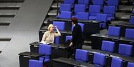 Gesine Lötzsch im Gespräch auf ihrem Platz im deutschen Bundestag