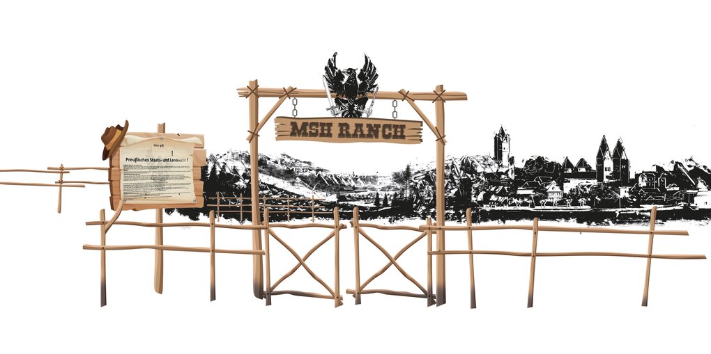 Illustration zeigt einen Zaun mit dem Schild MHS Ranch und der Stadt Andernach im Hintergrund