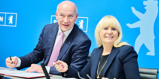 Das Bild zeigt Berlins Regierungschef Kai Wegner Und Innensenatorin Iris Spranger