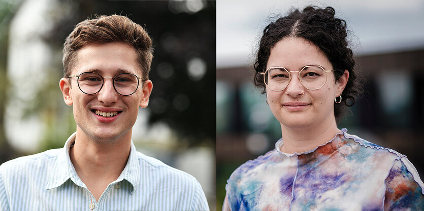 Philipp Türmer mit weißem Hemd und Brille neben Sarah Mohamed mit buntem T-Shirt und Brille