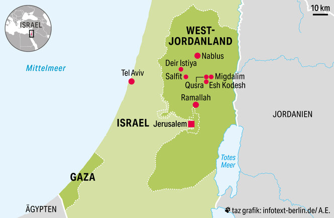 Eine Karte zeigt einige Städte, Jordanien, Westjordanland, Israel, Gaza und Ägypten