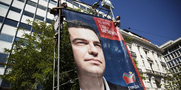 Wahlplakat mit Tsipras-Konterfei auf dem Syntagma-Platz.