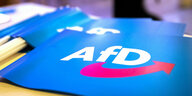 Fähnchen mit dem AfD-Logo liegen auf einem Tisch