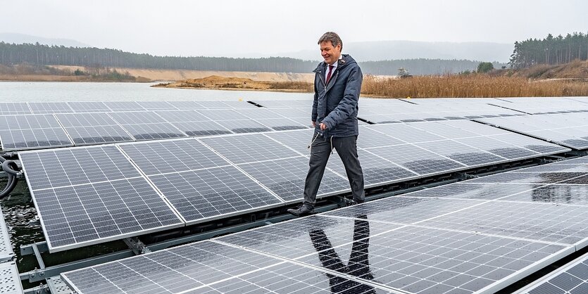 Robert Habeck in einem Solarfeld