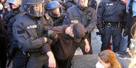 Polizist:innen in Kampfmontur halten eine Person an beiden Oberarmen gepackt