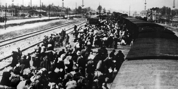 Ein Häftlingstransport aus Ungarn trifft im November 1944 Vernichtungslager Auschwitz ein.
