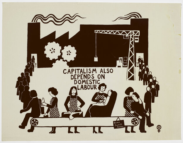Illustration mit der Darstellung von Frauen bei der Hausarbeit, im Hintergrund eine Fabrik