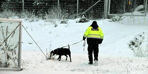 Zollbeamter mit einem Spürhund an einem Grenzzaun im Schnee