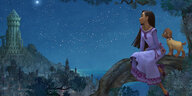 Die Hauptfigur Asha sitzt nachts mit einer kleinen Ziege auf einem Ast und schaut zu einem Stern am Himmel auf.