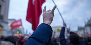 Eine Hand formt den Wolfsgruß, im Hintergrund eine türkische Fahne