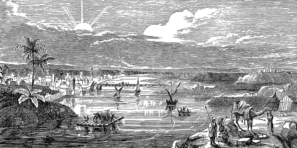 Ein Stich zeigt den Fluss Tigris und das leben an seinen Ufern
