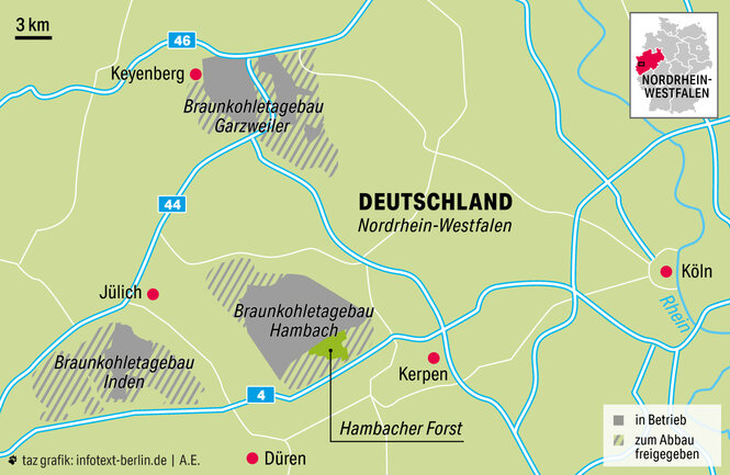 Eine Karte von Nordrhein Westfalen die den Braunkohletagebau Hambach kennzeichnet