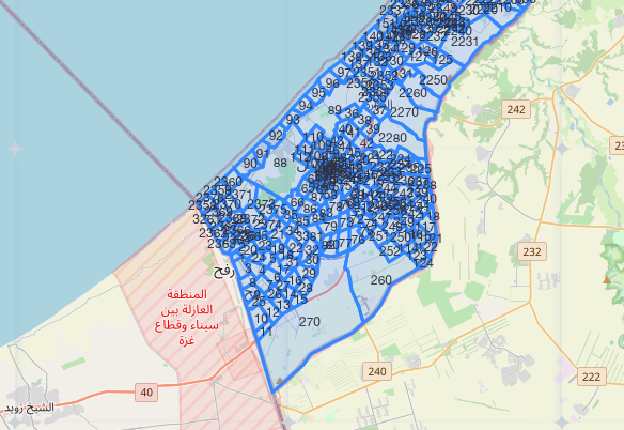 Ein Screenshot der interaktiven Karte Gazas mit den unterteilten Gebieten