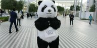 Ein Mensch im Pandabär-Kostüm steht auf einem verregneten Platz