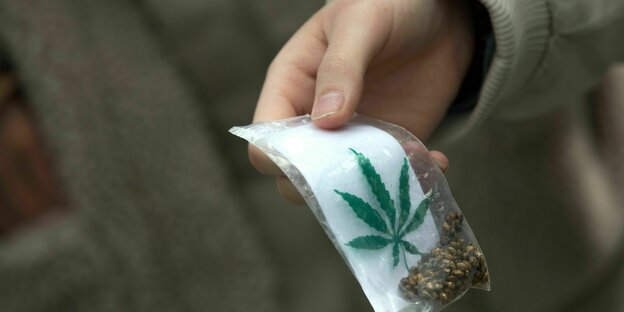 Eine Plastiktüte mit Cannabisblatt und Cannibisblüte innen