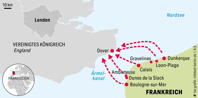 Eine Grafik, die den Ärmelkanal und die Fluchtrouten von Nordfrankreich Richtung England zeigt