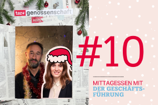 Eine Fotokollage; auf der einen seite ein Bild von Andreas Marggraf, wie er durch das Adventskalender-Türchen guckt, daneben ist Aline Lüllmann als Fotomontage eingefügt. Auf der anderen Seite steht #10 und "Mittagsessen mit der Geschäftsführung".