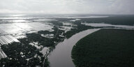 Drohnenaufnahme eines riesigen Flusses und einer Mangrovenlandschaft