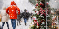 Blick auf die Mariahilfer Straße in Wien; aufgenommen am ersten Einkaufssamstag im Advent. Es hat geschneit. Die Leute tragen dicke Wintersachen.