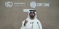 Sultan al-Jaber, Präsident des COP28, spricht während einer Pressekonferenz auf der Weltklimakonferenz der Vereinten Nationen in Dubai.