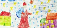 kindliche Zeichnung von einem Weihnachtsmann mit Häusern und Sternen im Hintergrund