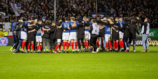 Die Spieler von Holstein Kiel feiern auf dem Rasen im Kreis