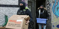 Polizisten tragen beschlagnahmtes Material im Zuge einer Razzia aus einem Gebäude heraus.