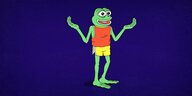 Die Comicfigur Pepe the Frog - mit erhobenen Armen