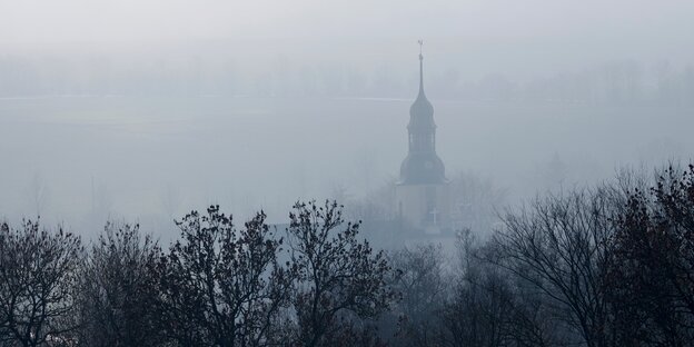 Ein Kirchturm im Nebel hinter Bäumen