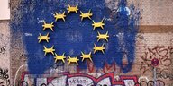 Eien Hauswand mit dem Graffiti einer Veränderten Europafahne