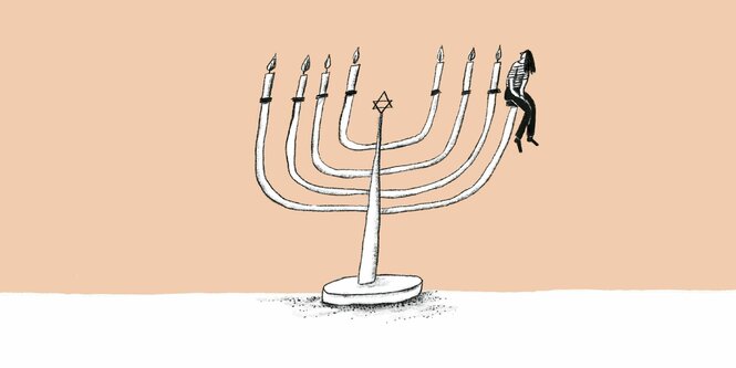 Illustration einer Hanukkiah, auf dem 8. Kerzenhalter sitzt ein traurig aussehendes Mädchen