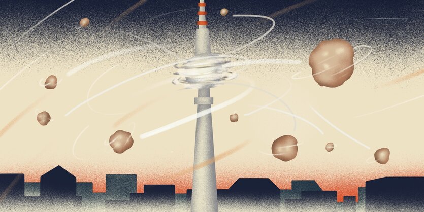 Ders stilisierte Berliner Fernsehturm als Illustration, die Kugel oben toutiert sichtbar