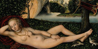 Ein Gemälde einer nackten Frau, die ausgestreckt in einem paradiesischen Gärtchen liegt