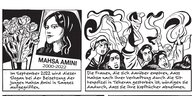 Ein schwarzweiß Comicstrip: Links zu sehen ist die 2022 in Iran ermordete Freiheitsaktivistin Mahsa Amini, recht zu sehen sind Frauen, die ihre Kopftücher abgenommen haben und in der Luft schwenken.