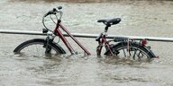 Das Hochwasser der Elbe umgibt ein abgestelltes Fahrrad am Terrassenufer