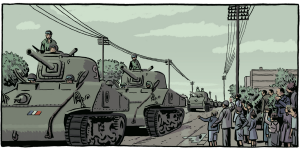 Ein Ausschnitt aus der Graphic Novel: Auf einer Straße fahren mehrere Panzer, Menschen winken