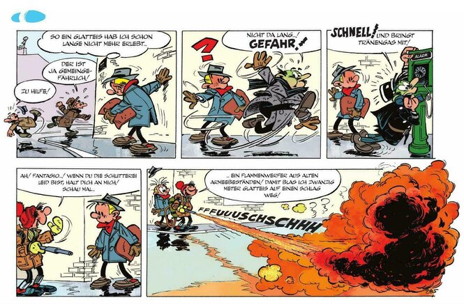 Comicstrip mit Gaston, der mit einem Flammenwerfer Glatteis bekämpft