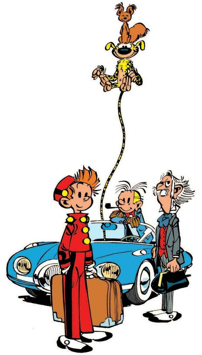 Spirou, Fantasio und nadere Figuren aus dem Franquin Universum stehen um ein balu gezeichnetes Auto herum