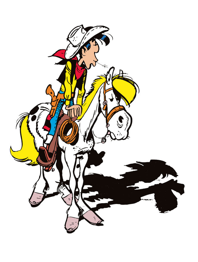 Lucky Luke pfeift auf seinem Pferd